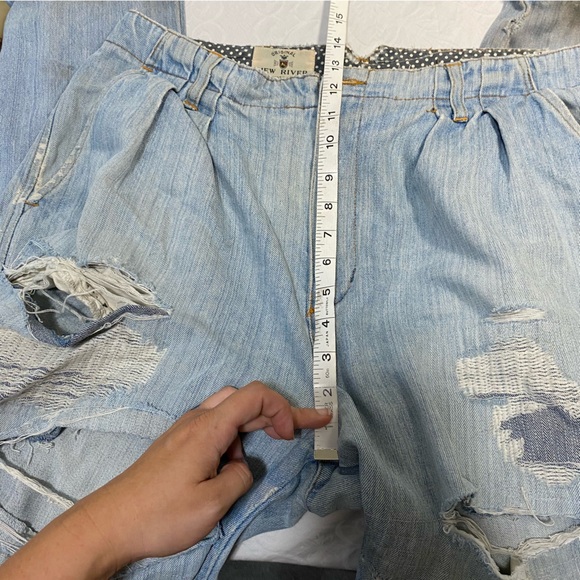 Trashed Vintage New River Pleated Straight Jeans Destroyed 34L Cuffed Ripped - Picture 10 of 14